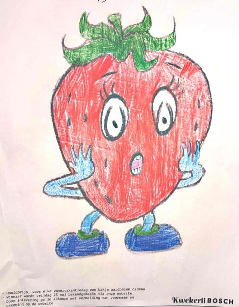Een kleurrijk getekende aardbei met enthousiaste gezichtsuitdrukking, handen en voeten, gemaakt door Marit (5 jaar) als onderdeel van de kleurwedstrijd.