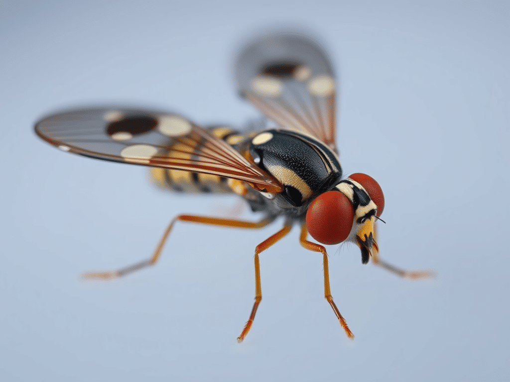 Close-up of a Suzuki fruit fly, featuring its distinctive red eyes and patterned wings.
