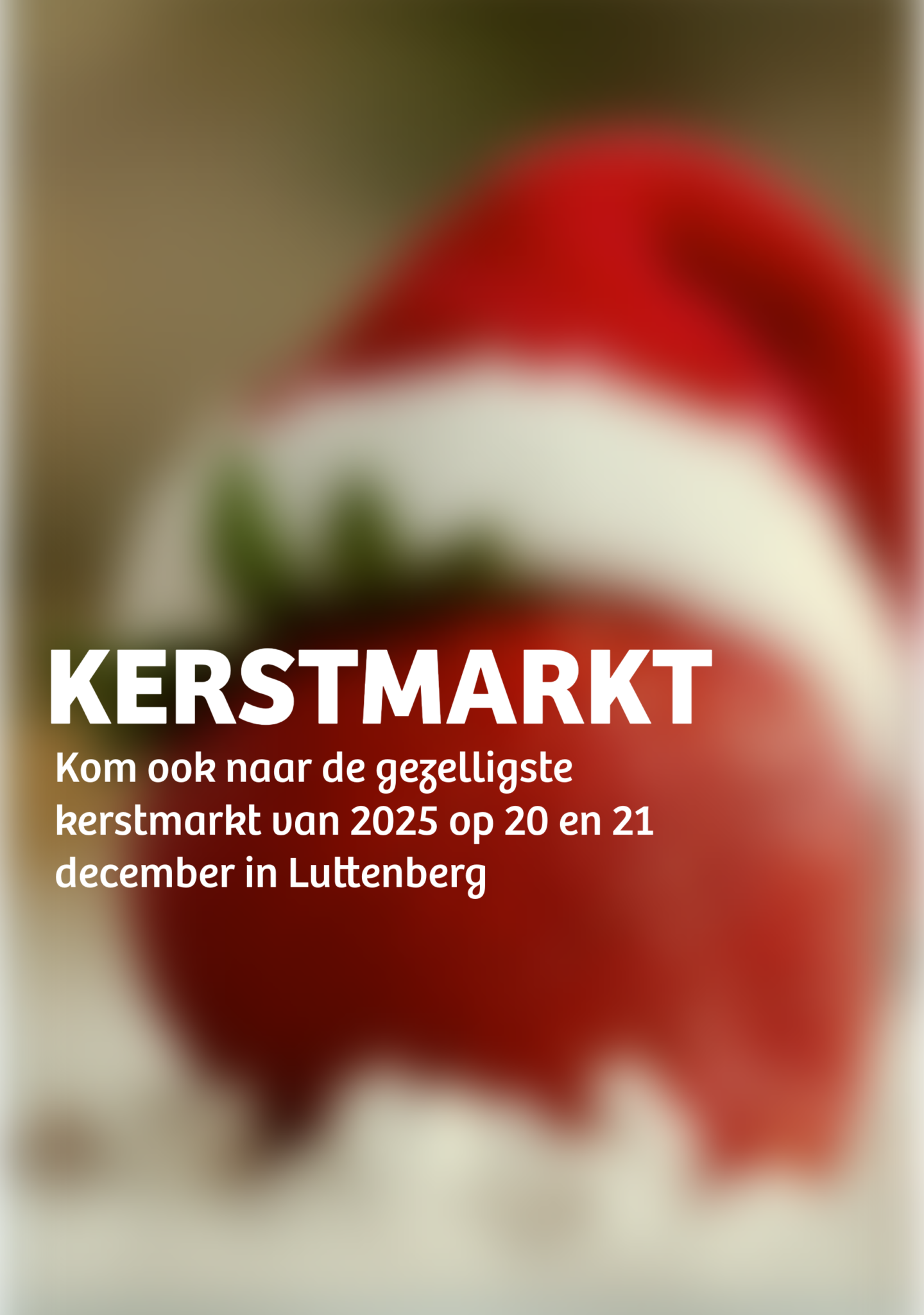 A close-up of a festive red ornament with a white and red Santa hat, promoting a kerstmarkt (Christmas market) in Lutterberg on December 20 and 21, 2025.