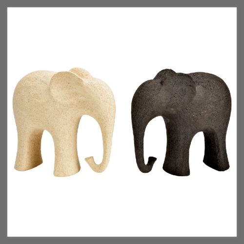 Twee decoratieve olifantenfiguren, één in lichtbeige en de andere in zwart, op een neutrale achtergrond.